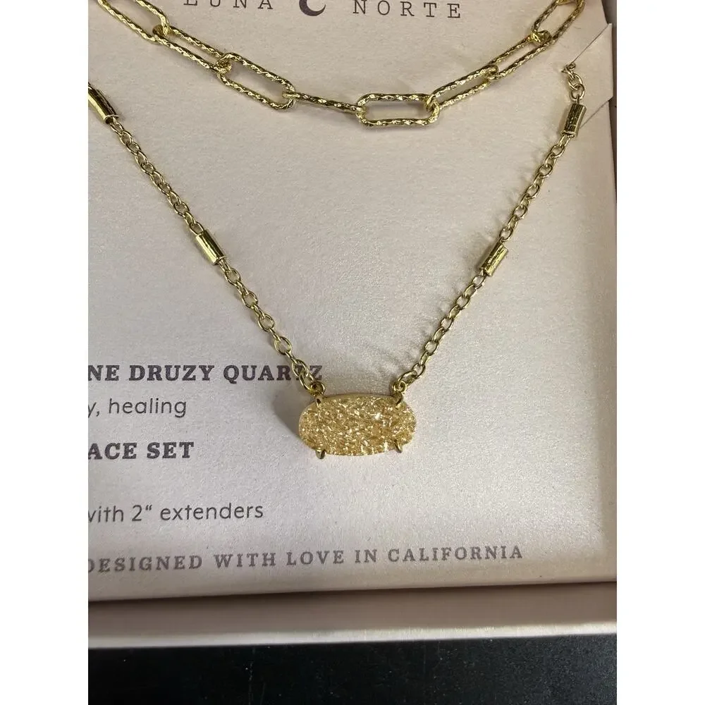 NIB Luna Norte Genuine Druzy Quartz Necklace Set Brass 16” 17” L + 2”
